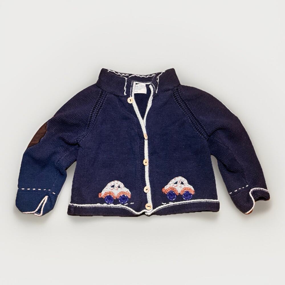 GrandmaNes Baby Cardigan Sweater 24 Months Navy Blue Cars Elbow Patches